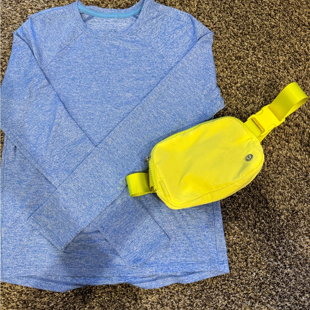Lululemon blue l/s soft shirt and neon yellow everywhere belt bag